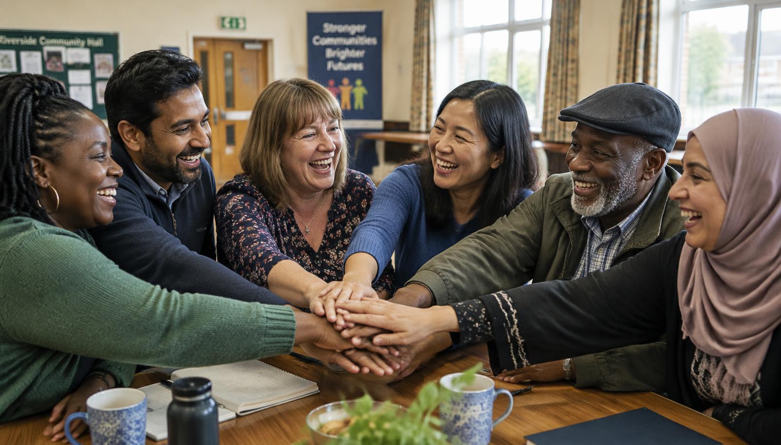 A savings circle celebrating together in a community hall, hands stacked in the middle