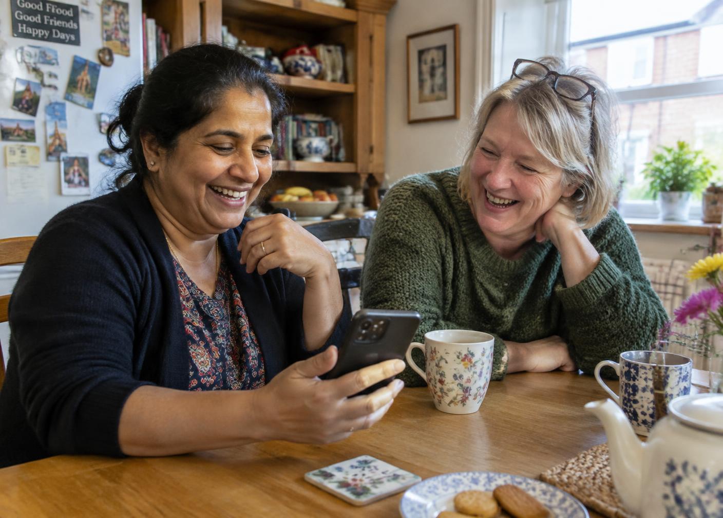 Two circle members sharing tea at a kitchen table